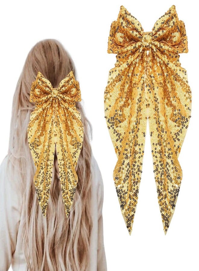 Kefley Gold Hair Bow Clips Barrettes Big Sequin Cheer Hair Bows with Long Tail Bowknot Hair Clips Ponytail Holders for Women Girls Ball Cheerleader Hair Accessories for Ball Party - Image 1